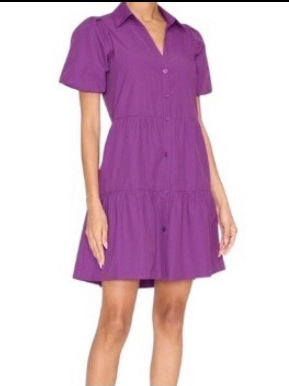 Brochu Walker Havana Puff Sleeve Collared V-Neck Button-Up Tiered Mini Dress